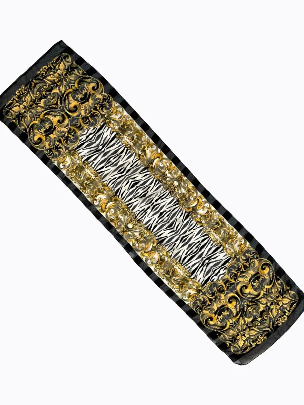 Vtg C.Webb Italy Scarf Baroque Black Gold White Sheer Silk Satin Hand Rolled 90s